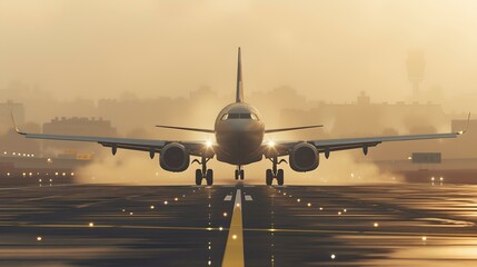 Commercial airplane on runway during sunrise, ready for takeoff. travel and transportation theme. AI - obrazy, fototapety, plakaty