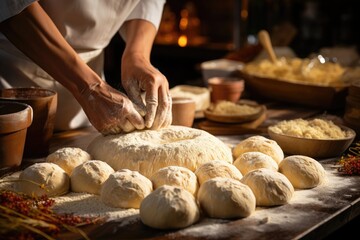 An individual is engaged in kneading dough on a table surface