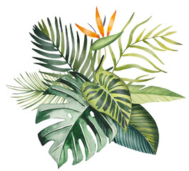 Hand drawn bouquet with tropical leaves and flowers, watercolor