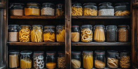 Organized pantry shelves packed with food supplies. home storage solution, simple wooden shelving. kitchen organization, pantry essentials. AI