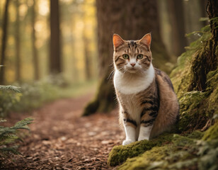 A poised calico cat stands alert in a serene forest, with moss-covered trees and a soft golden light filtering through. International Cat Day