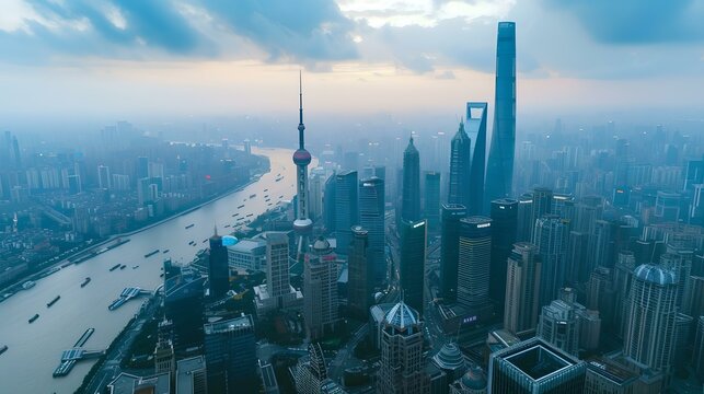 Dramatic urban skyline, serene river, aerial view of city. modern metropolis bustling at dawn. AI
