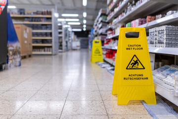 Gelbe Hinweistafel im Laden auf rutschigen feuchten Boden und Rutschgefahr.