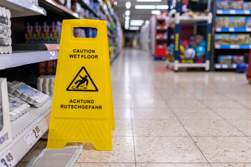 Gelbe Hinweistafel im Laden auf rutschigen feuchten Boden und Rutschgefahr.
