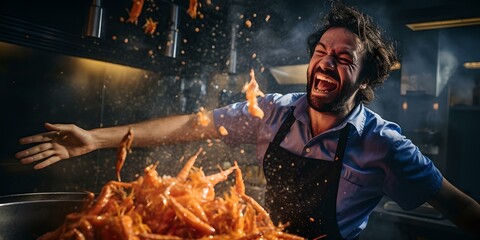 Excited chef in action cooking a flaming dish. culinary expertise and passion in a professional kitchen. dynamic food preparation scene. photo captured with high motion and emotion. AI