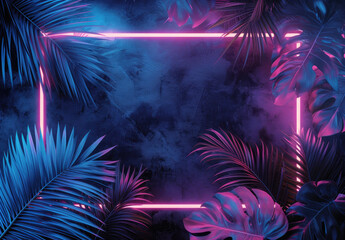 Tropical leaves bathed in blue and green illumination, framed by neon lights, offering a creative space for additional elements and copy.