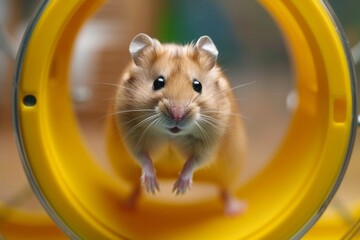 A dainty hamster perched atop a tiny wheel, running tirelessly in its miniature world.
