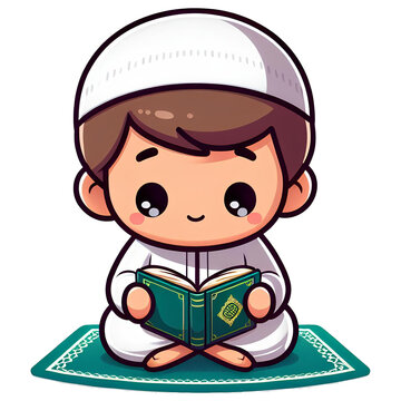 cute baby boy character reading Al quran in cartoon style on transparent background