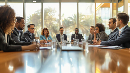 corporate meeting focused on compliance, featuring diverse professionals engaged in a serious discussion around a large, polished conference table - obrazy, fototapety, plakaty