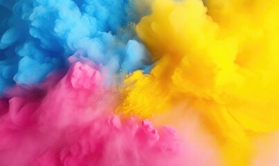 Colorful powder background, blue, yellow, pink. Holi powder.