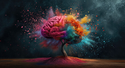 Concept art of a human brain boiling and exploding with creativity and ideas - obrazy, fototapety, plakaty