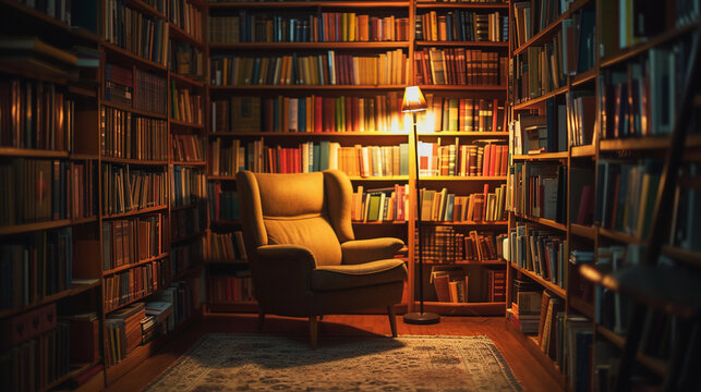 serene library scene, shelves lined with books on personal development and continuous learning, a single chair in the foreground inviting deep study, soft ambient lighting creating a mood of introspec