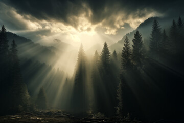 Dramatic sky with sunrays illuminating dark, dense forest. Concept for natures beauty, wilderness exploration, or environmental conservation. - obrazy, fototapety, plakaty