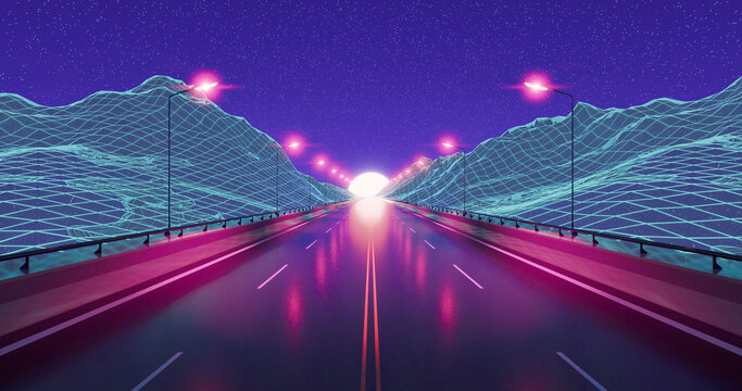 Empty asphalt road and mountains. Synth wave image visual. Wireframe terrain. Starry night. 3D rendering.