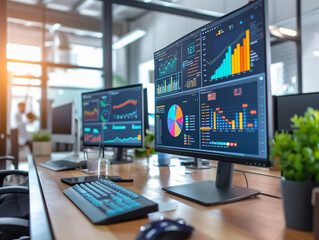 bustling digital marketing office, with a team engaged in content marketing strategy, surrounded by multiple computer screens displaying colorful analytics and content plans, natural light streaming i