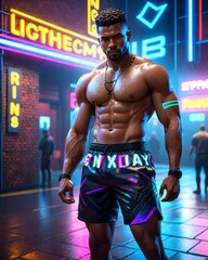 Muscular African-American man standing confidently on a neon-lit city street at night