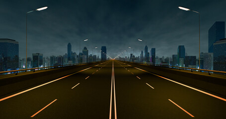 Empty asphalt road. Metropolitan cloudy midnight cityscape. 3D rendering.