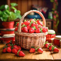 Fototapeta na wymiar Fresh strawberries in the wooden basket