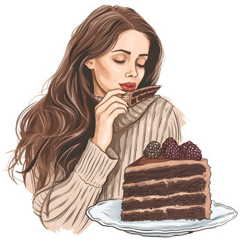 A woman enjoying a slice of chocolate cake isolated on white background, hand drawn, png
