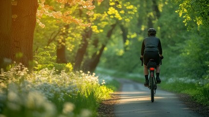 A cyclist cruising along a scenic trail, surrounded by lush greenery and blooming trees