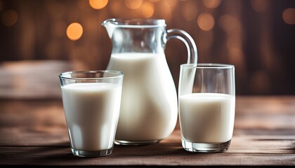 A jug of milk and glass of milk on a wooden table