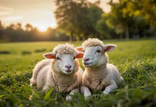 Two adorable young lambs relaxing in grass field  generative AI