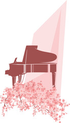 acoustic grand piano for outdoors classical music concert standing on sakura tree pink flower branches vector design