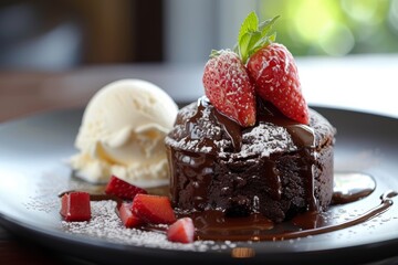 A decadent molten chocolate lava cake oozing with warm, gooey cocoa goodness, served with vanilla...