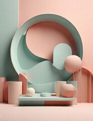 
3d render, abstract minimal geometric background, primitive forms, pastel colors, podium for product presentation	
