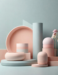 
3d render, abstract minimal geometric background, primitive forms, pastel colors, podium for product presentation	
