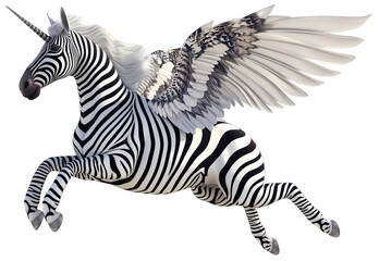 Fototapeta na wymiar A zebra as a mythological pegasus with striped wings and a unicorn horn isolated on a white background