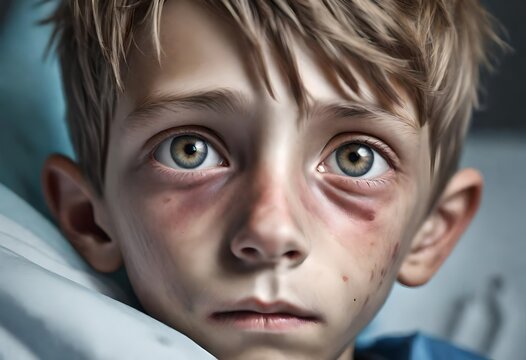 An young handsome male boy child sick with a disease or illness like cancer. He is a patient in a hospital  bed.