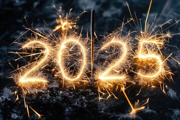 Letters â€˜2025 crafted in sparkler on a black background --ar 3:2 --v 6 Job ID: 6cda57a6-9bef-4ad7-9954-1db08adab83d