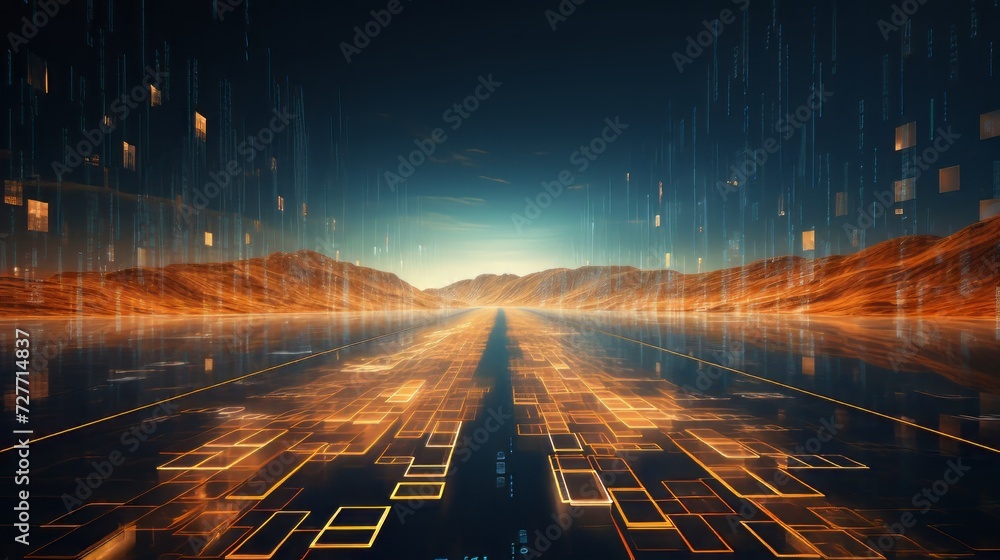 Poster abstract futuristic digital code road - 3d illustration of a cybernetic highway network for technolo