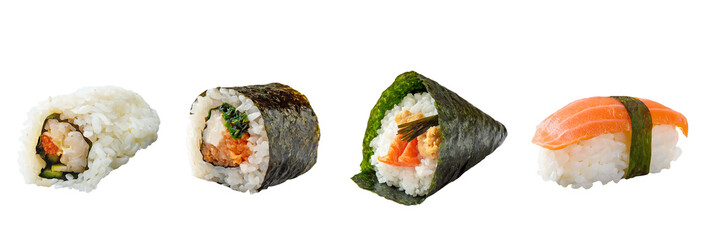 Different types of sushi isolated on a transparent background, png file - obrazy, fototapety, plakaty