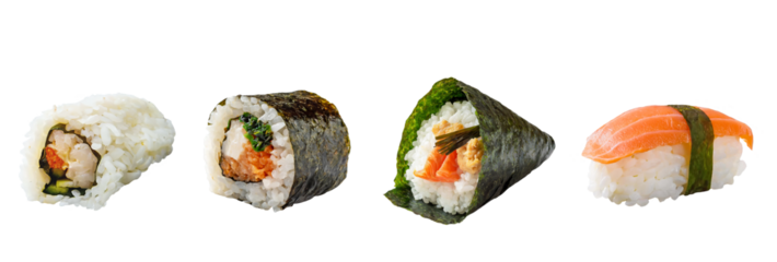 Different types of sushi isolated on a transparent background, png file