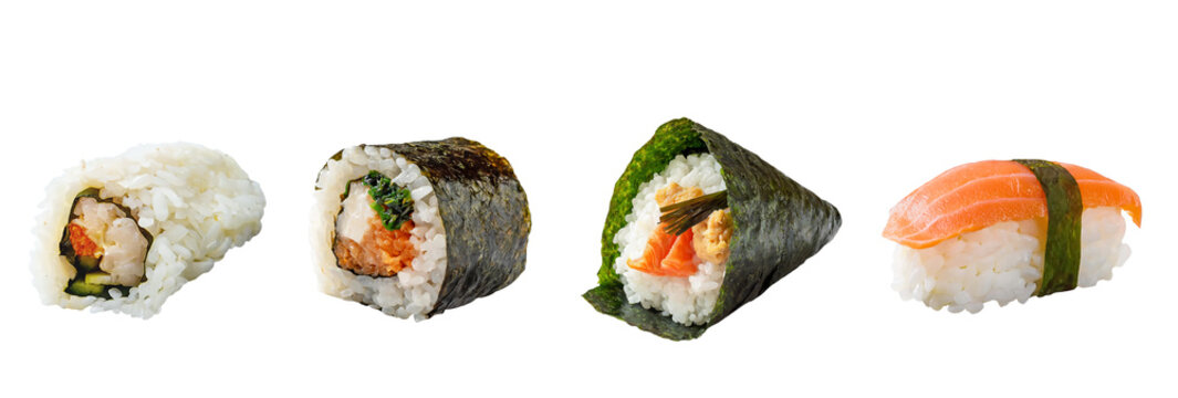 Different types of sushi isolated on a transparent background, png file