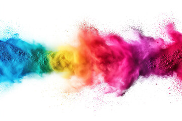 Colorful powder explosion on white background. Abstract pastel color dust particles splash. Dry soil splash. Blue yelllow red pink powder explosion on white background. Colored cloud.
