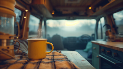 A steaming cup of coffee in a van life campervan living the slow life - obrazy, fototapety, plakaty