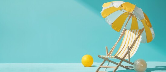 Summer holiday concept beach chair with yellow umbrella and Ball on blue background. Generated AI - obrazy, fototapety, plakaty