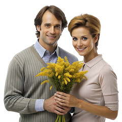 Couple in love with bouquet of mimosa flowers-