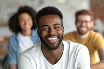 A multiracial man smiling at the camera with his White and Hispanic coworkers are talking behind.  - obrazy, fototapety, plakaty