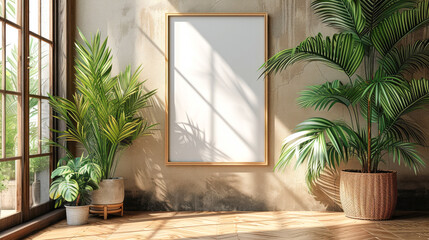 Fototapeta na wymiar clean minimalist frame mockup poster hanging on the white wall lit by sunlight with plant decoration.Generative AI