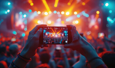 People holding smart phone and recording and photographing in music festival concert, event background concept.Generative AI - Powered by Adobe