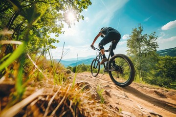 Fototapeta na wymiar a sporty man who rides a mountain bike in the mountains. Generative AI