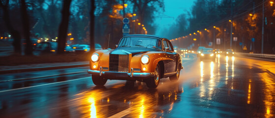 Cute Retro Car Sits A Metro City Street With Lights Blurry Background.Generative AI