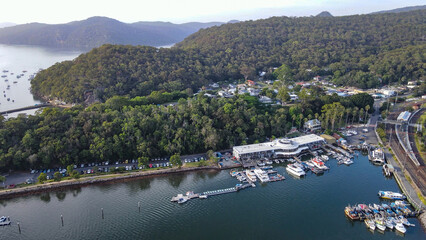 Fototapeta na wymiar Aerial drone view of Brooklyn, NSW Australia and Hawkesbury River during the early morning in February 2024 