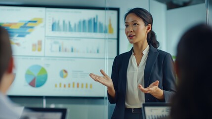 Big data analysis and fintech e-commerce concept with successful asian woman as executive director presenting growth statistics to diverse conference meeting members in the office with graphs