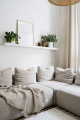 Vertical shot of cozy living room in minimalistic style with beige couch and home decor