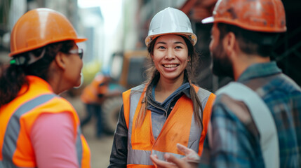 Cheerful Construction Worker with Colleagues.
A smiling female construction worker with colleagues in the background at a busy construction site.